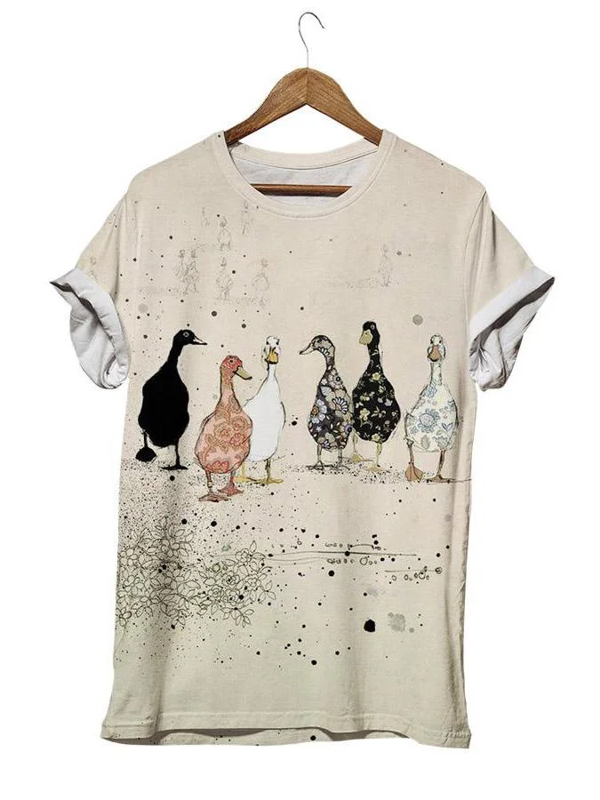 Casual walking duck print crew neck top-Mayoulove