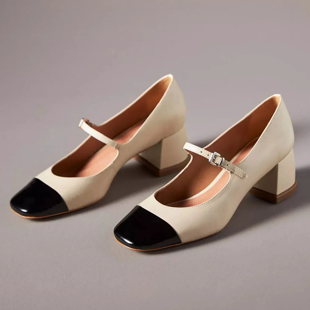 Black & White Vegan Leather Square Toe Buckle-Fastening Strappy Mary Jane Pumps With Chunky Heels Nicepairs