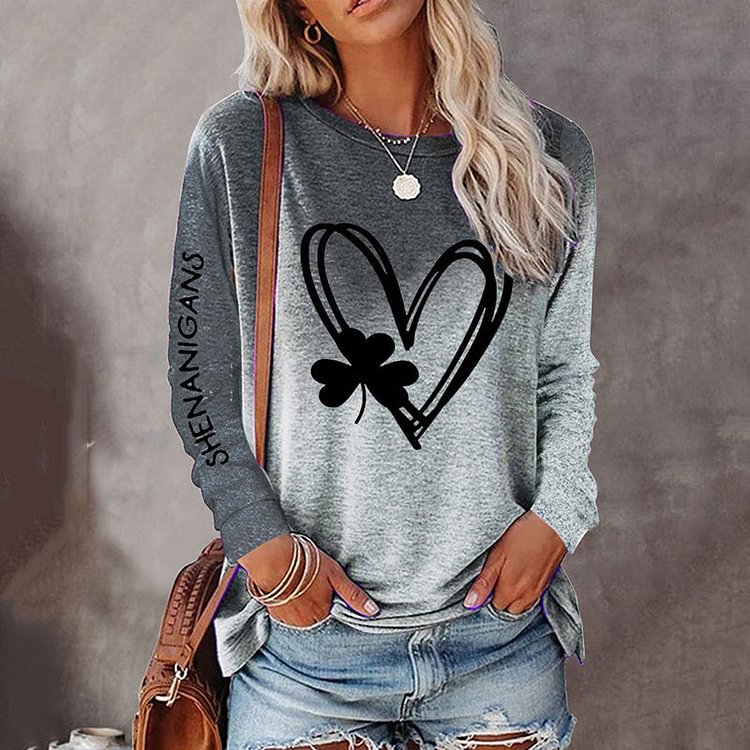 VChics Shamrock Print Long Sleeve Casual T-Shirt