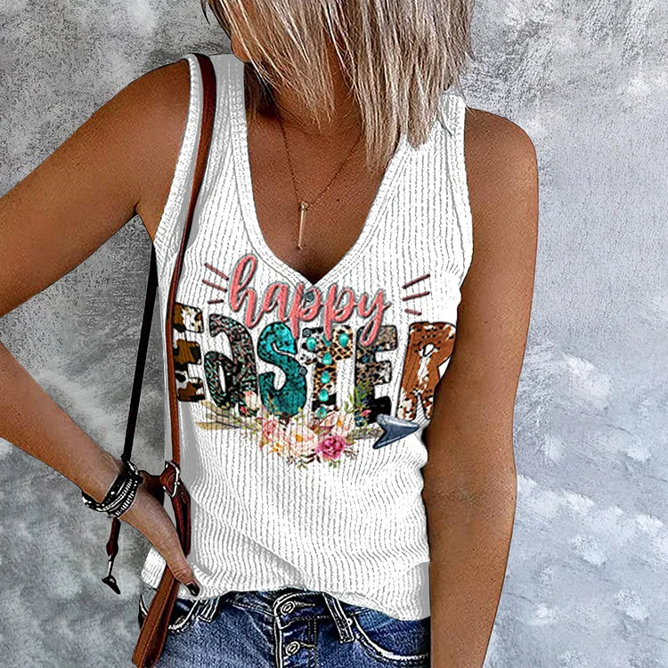 Happy Easter Print Sleeveless Tank Top
