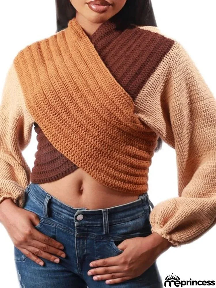 Bishop Sleeve Contrast Color Split-Joint Crochet V-Neck Short Sweater Tops