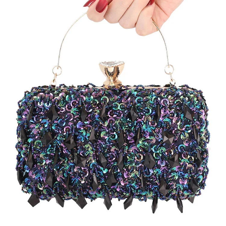 Banquet Pearl Chain Rhinestone Metallic Handbag-Purple
