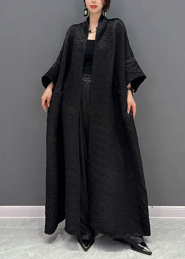 Boutique Black Oversized Pockets Jacquard Silk Trench Coats