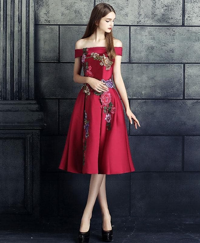 Burgundy Lace Applique Prom Dress, Burgundy Evening Dress