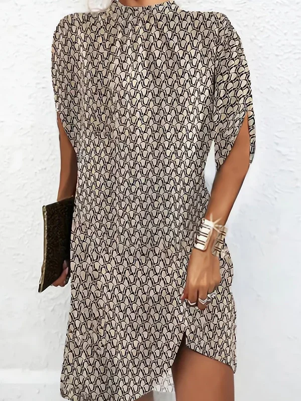 Stamped Batwing Sleeves Roomy Round-Neck Mini Dresses