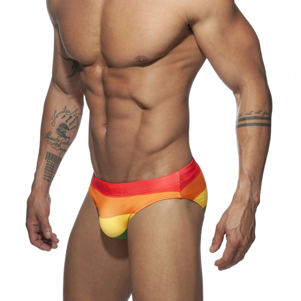 Aonga With Push Pad New Men Swimming Trunks Rainbow Print Bikini European And American Fashion  Low Waist Beachwear 82% Polyester