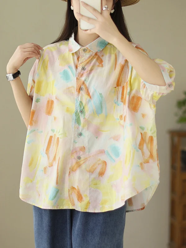 Roomy Short Sleeves Multi-Colored Stamped Lapel Shirts Tops