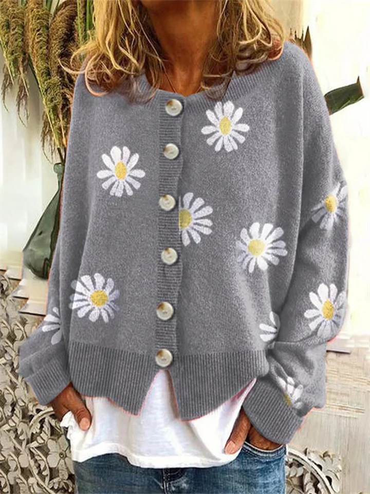 Autumn and Winter New Loose Sweater Ms. Small Autumn Chrysanthemum Embroidery Needle Cardigan Women's Clothing-JRSEE