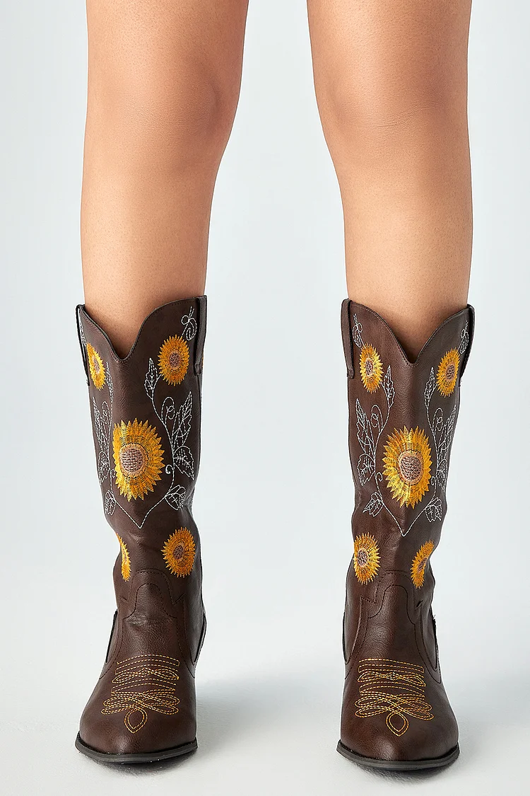 Plus Size Flat Bottom Embroidered Sunflower Knight Boots