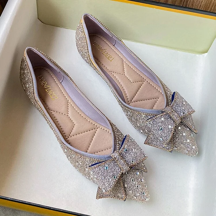 Delicate Woman Bowknot Shoes Glitter Sequin Flats
