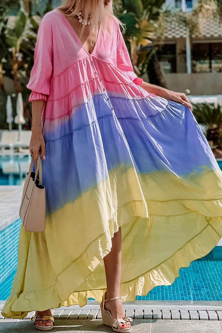 Fashion Solid Flounce V Neck Cake Skirt Dresses(4 Colors) - Life is Beautiful for You - SheChoic