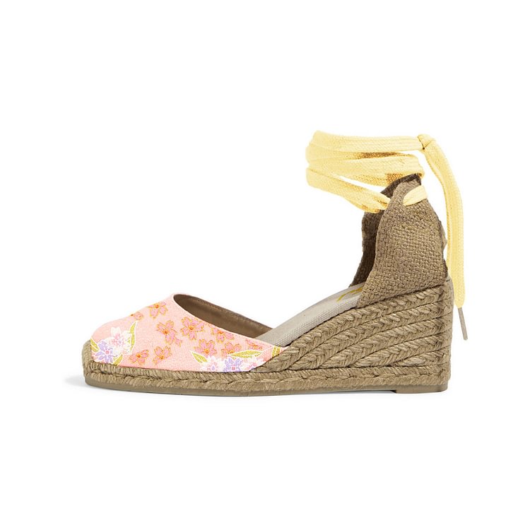 Pink Floral Print Espadrille Wedges Ankle Wrap Closed Toe Sandals |FSJ Shoes