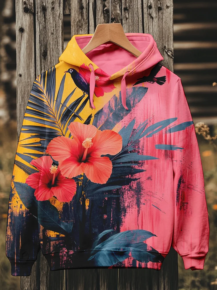 Men's Retro Hawaiian Hibiscus Flower Art Print Casual Hoodie