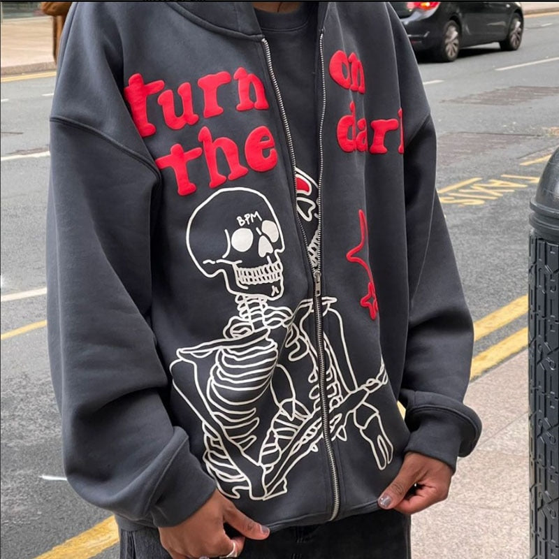 Aonga Halloween Y2k Anime Print Hoodies Men Zip Up Long