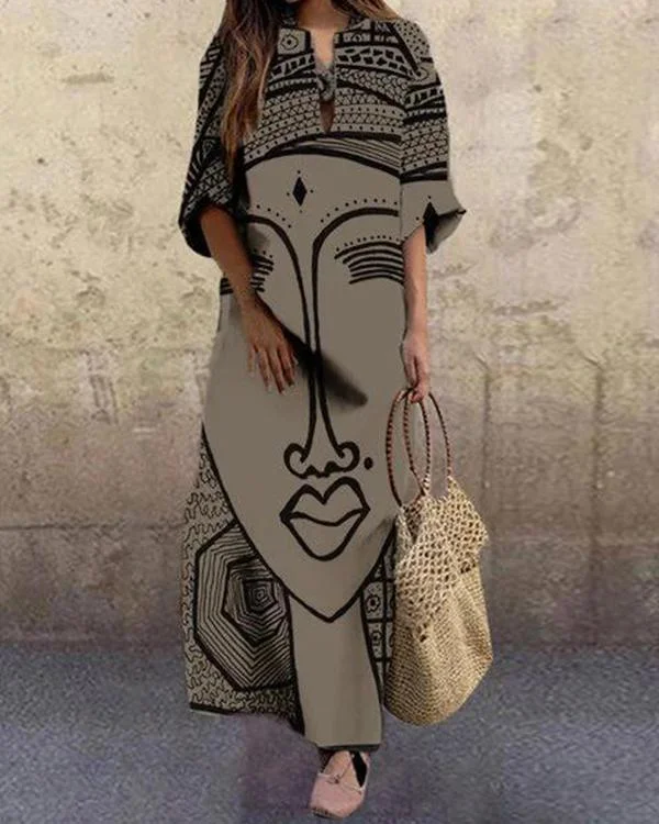 fashion face printed plus size vintage maxi dress p422000
