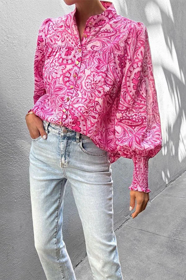 Trendy Floral Printed Balloon Sleeve Shirt