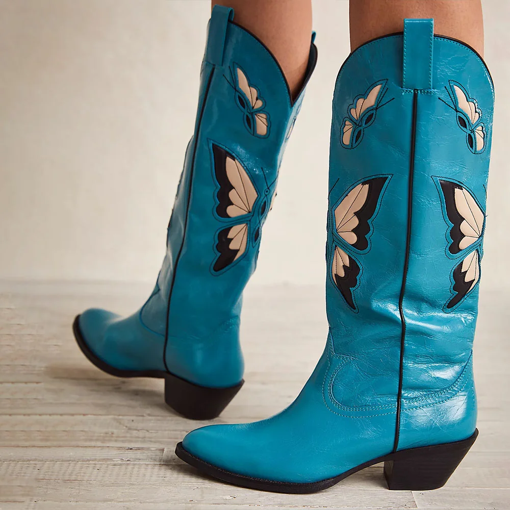 Blue Vegan Leather Colorful Butterfly Patch-Work Cowgirl Boots With Chunky Heel Nicepairs