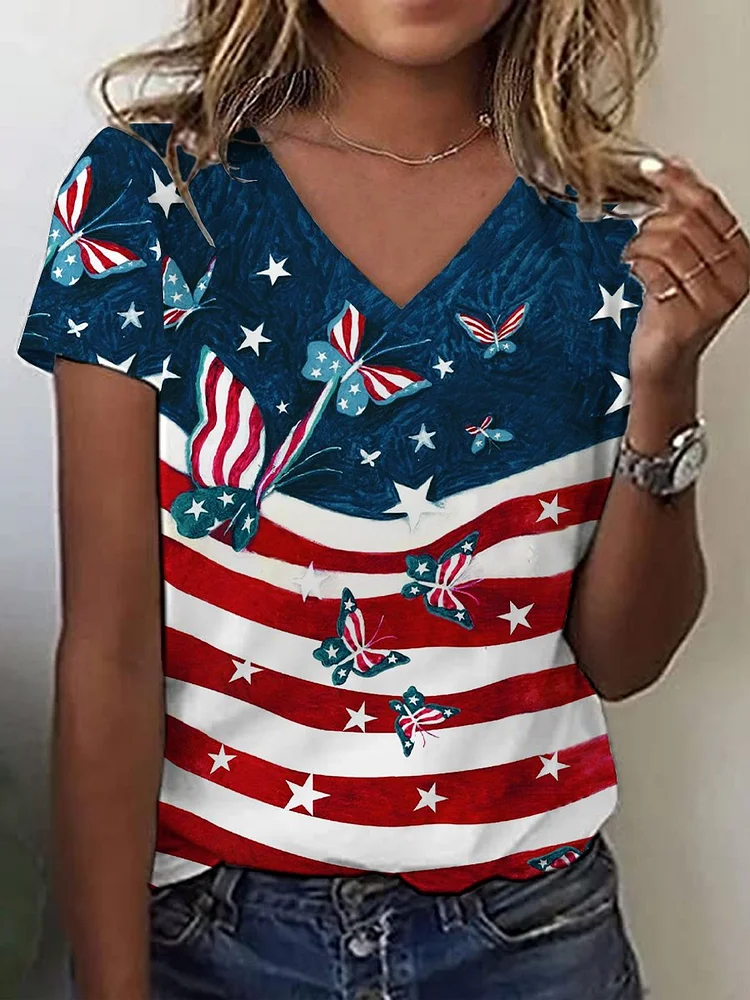 Women's Independence Day Butterfly Print T-Shirt socialshop