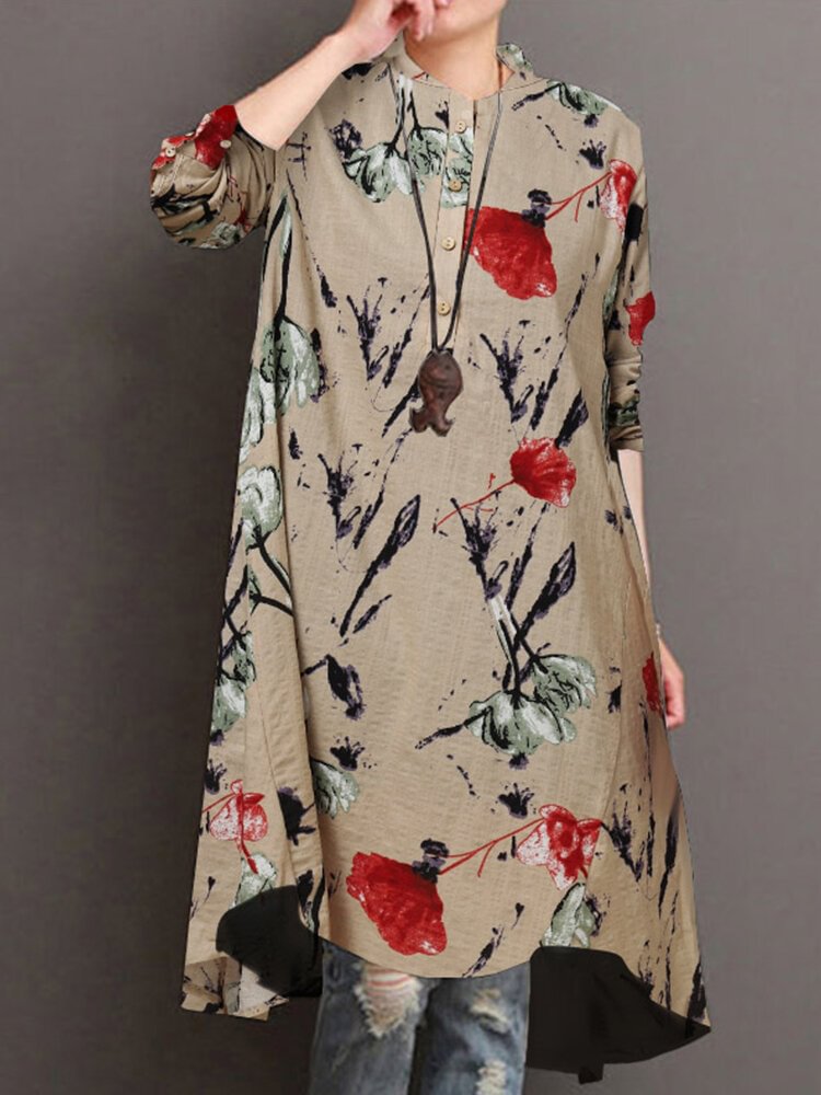 Women Floral Print Long Sleeves Stand Collar Casual Blouse P1736758