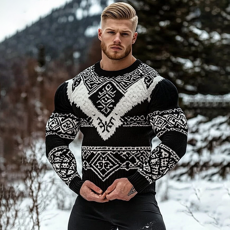 Men's Viking Tribal Geometry Jacquard Celtic Knit Hooded Sweater