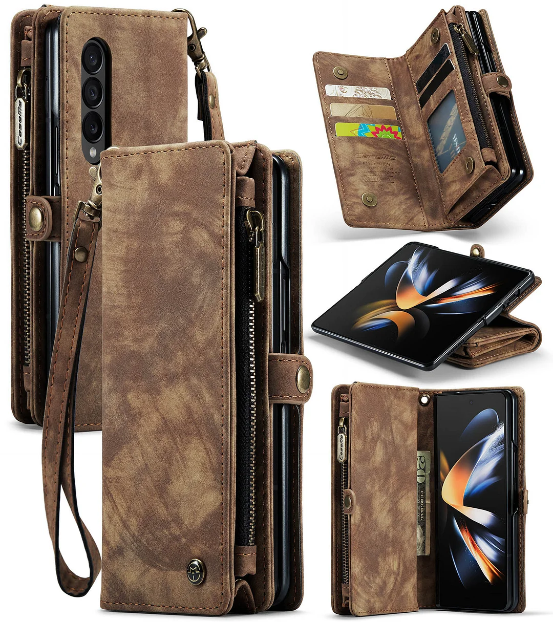 Luxury Retro Leather Wallet Phone Case With 5 Cards Slot,Phone Stand And Zipper Slot For Galaxy Z Fold4/Fold5