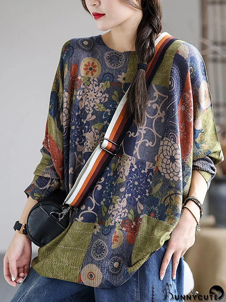 Plus Size Women Knitted Floral Printed Long Sleeve Sweater