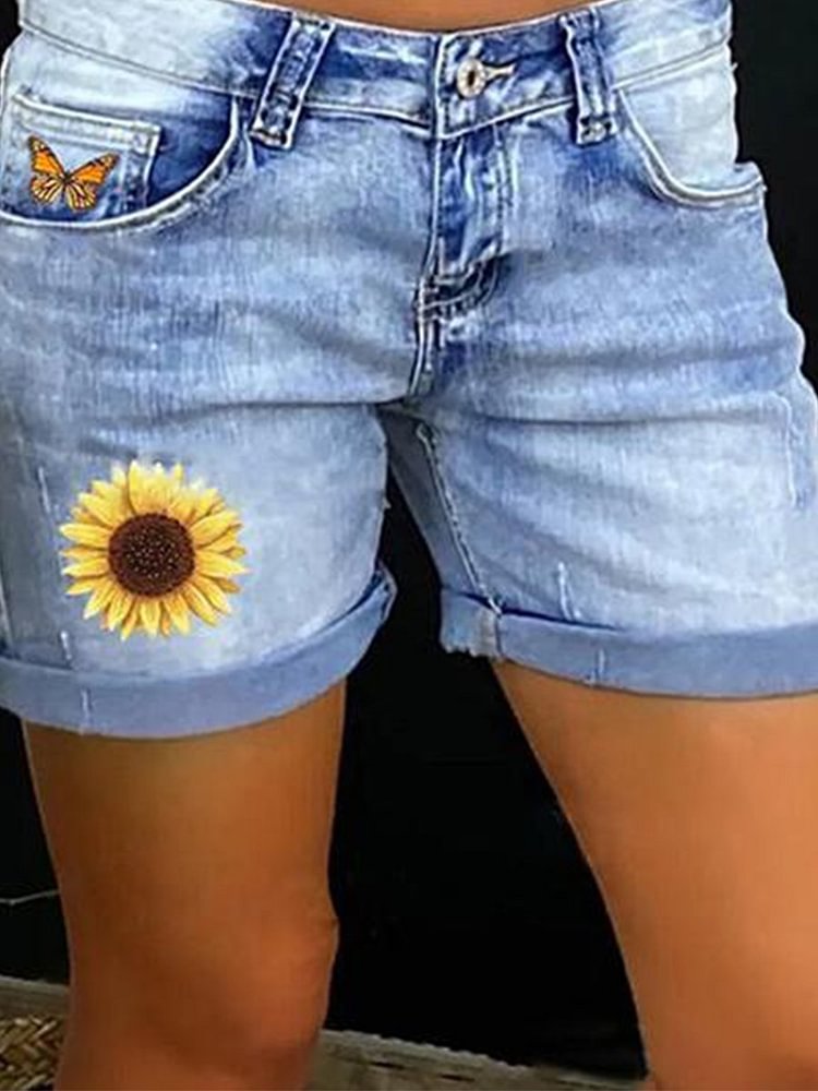 Daisy Print Mid Rise Distressed Denim Shorts P11197