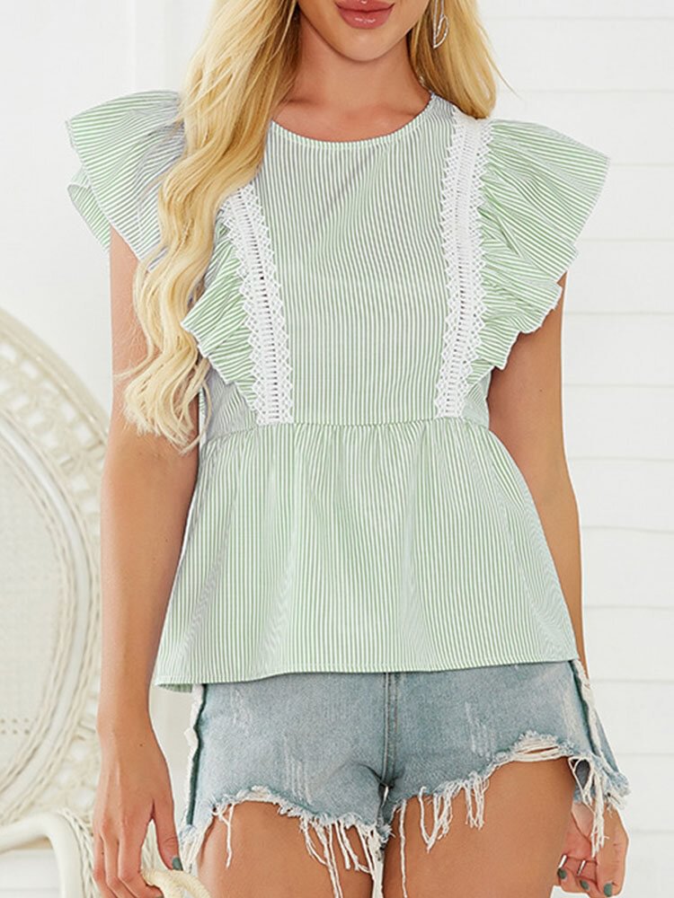Stripe Print Patchwork O neck Cap Short Sleeve Women Blouse P1845524