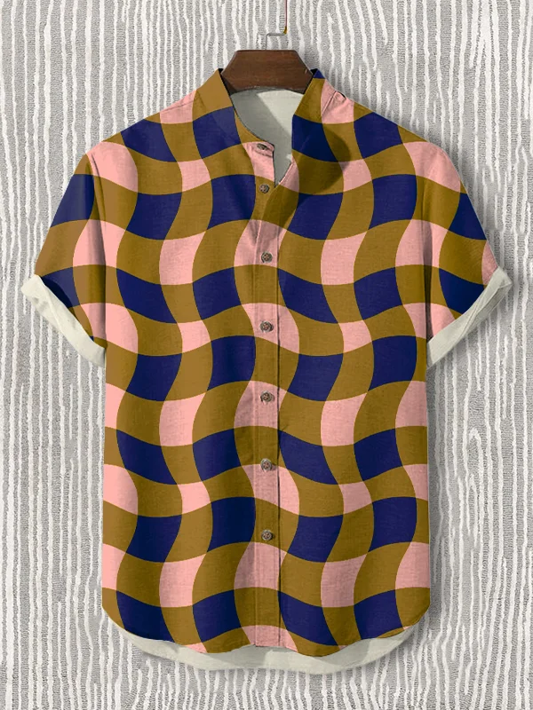 Men's Distorted Plaid Art Print Casual Shirt