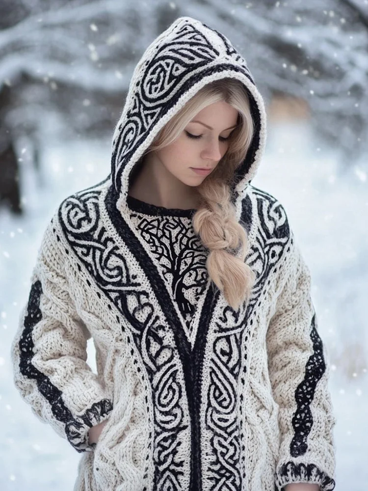 Women's Viking Inspired Celtic Knot Jacquard Knit Hooded Cardigan
