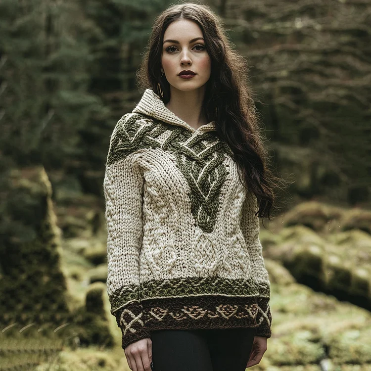 Women's Celtic Knot Jacquard Contrast Hooded Sweater