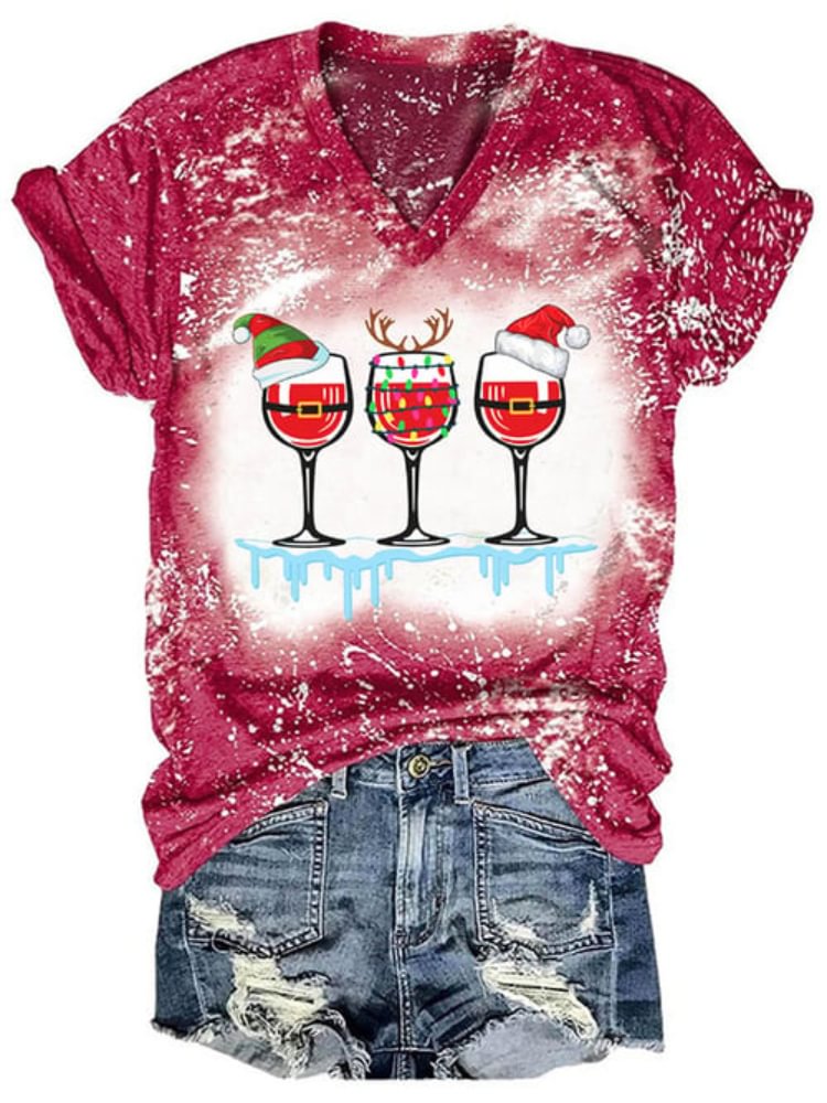 Vefave Christmas Wine Glass Print Tie Dye V Neck T Shirt