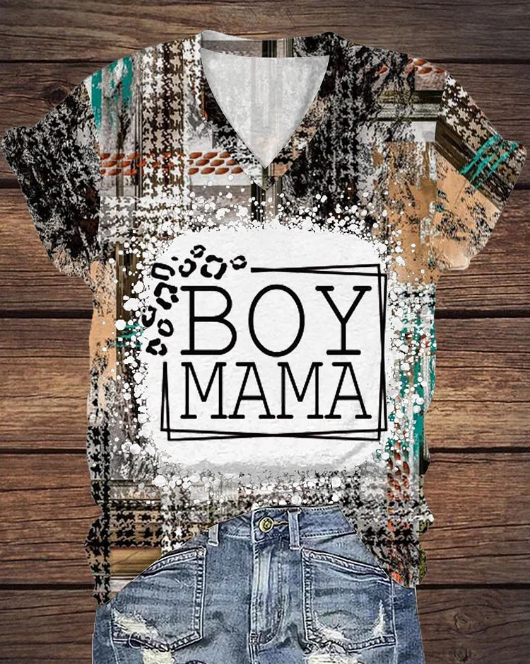 Boy Mama Western Print V Neck Short Sleeve T-shirt