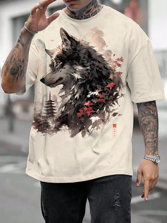 Men's Fantasy Mysterious Wolf Demon Ink Art Print Casual T-Shirt