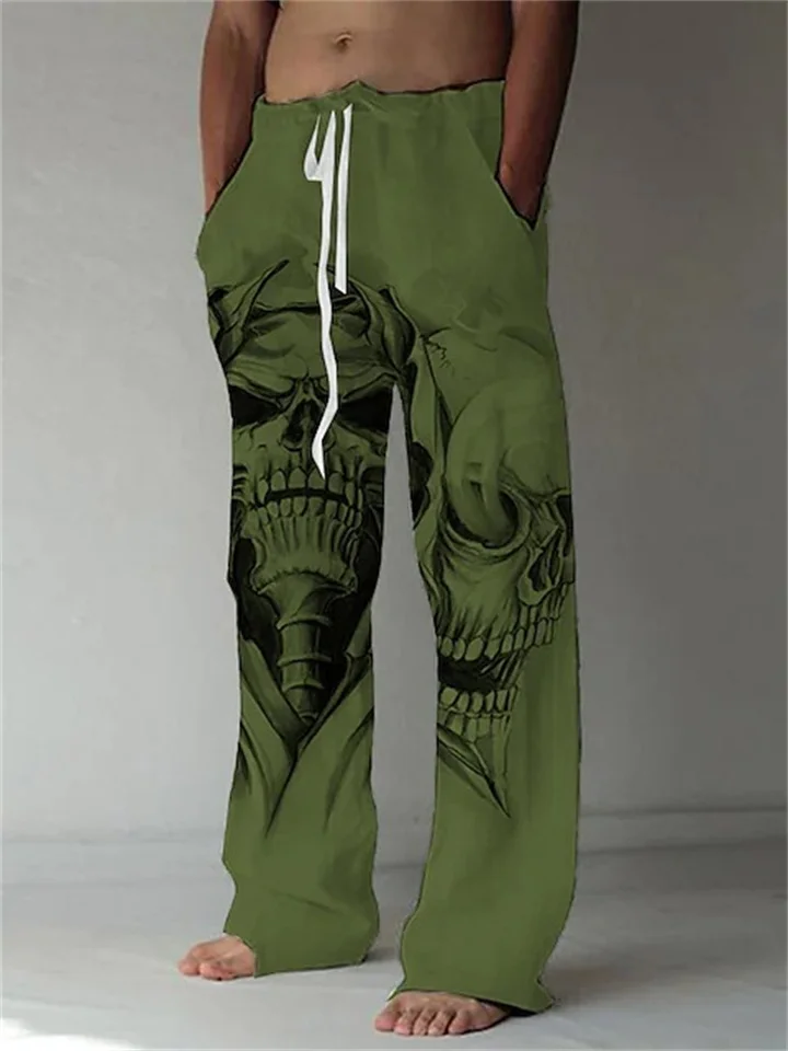 Men's Trousers Beach Pants Straight Elastic Drawstring Design Front Pocket Straight Leg Skull Graphic Prints Comfort Soft Casual Daily Fashion Big and Tall White Green-JRSEE