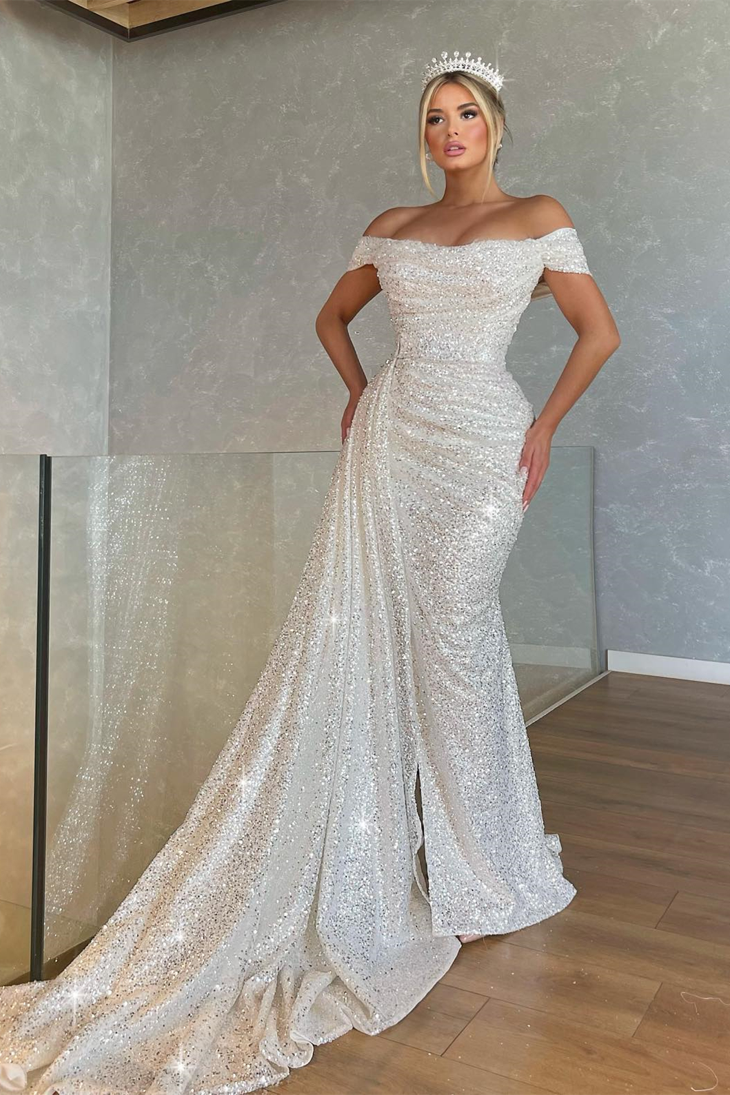 Bellasprom Off-the-Shoulder Sequins Wedding Dress Mermaid Ruffles Long Bellasprom
