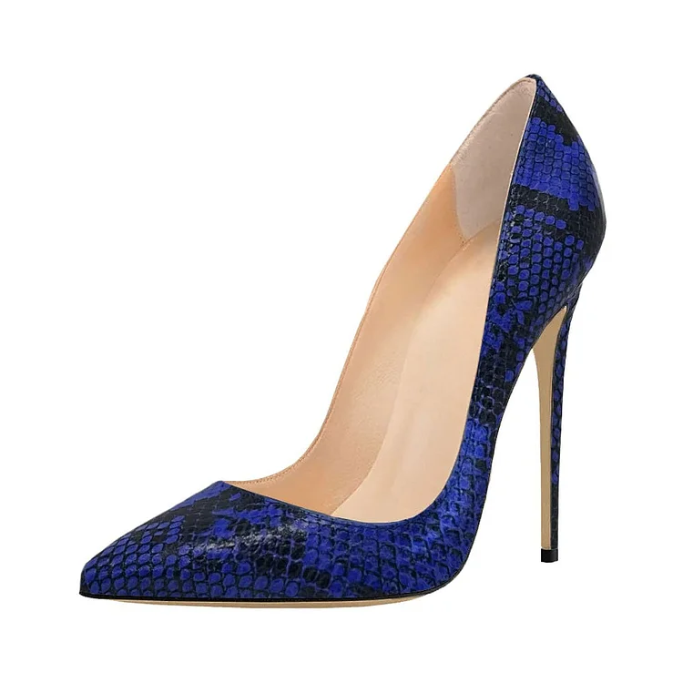 Blue Snakeskin Print Pointed Toe Stiletto Heel Pumps for Women |FSJ Shoes