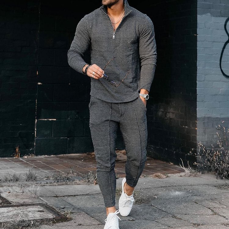 Curve Texture Long-sleeved Polo And Sweatpants Set