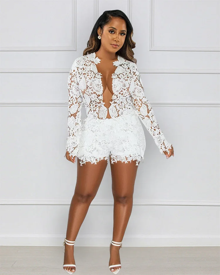 Two Piece Lace Long Sleeve Top Shorts Set