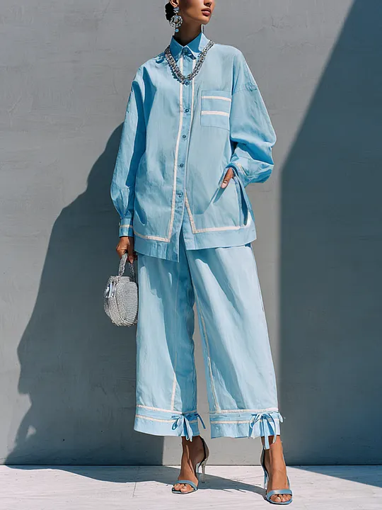 Women's Casual Vacation Light Blue Cotton Blend Contrast Binding Strap Cropped Wide Leg Pants Two Piece Set MD