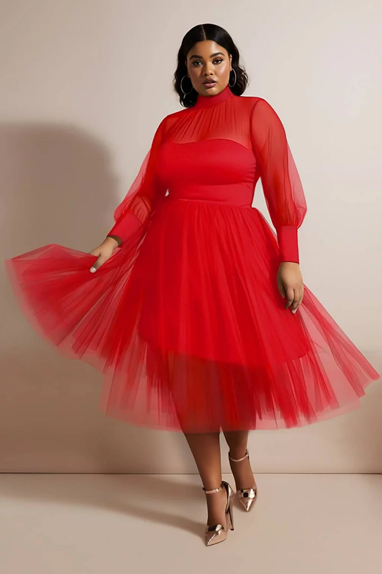 Xpluswear Design Plus Size Party Midi Dresses Elegant Red   Mock Neck Tiered Tulle Long Sleeve See Through Mesh Midi Dresses
