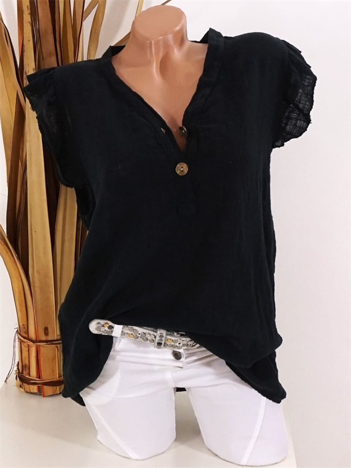 V-neck Large Size Solid Color Cotton Women's Loose Shirt T-shirt Ruffled Buttons Blouse-JRSEE
