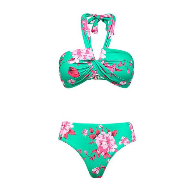 Flaxmaker Plus Size Floral Print Halter Bikini Swimsuit and Sarong