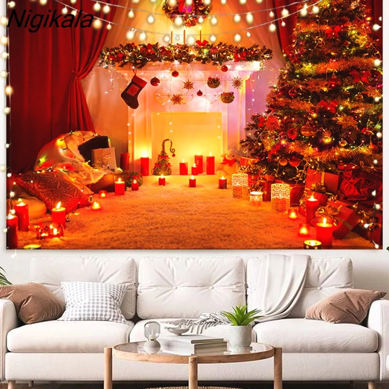 Nigikala Christmas Decoration Christmas Tree Candle Wall Hanging Tapestry Art Living Room Decorative Bedroom Wall Hanging