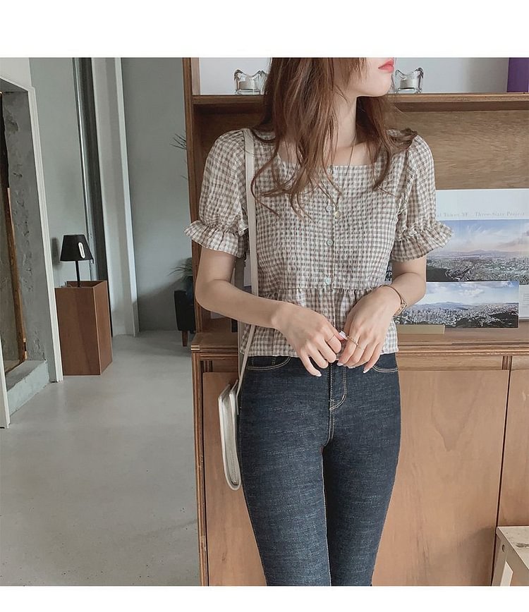 Puff-Sleeve Square-Neck Gingham Cropped Blouse YP3759