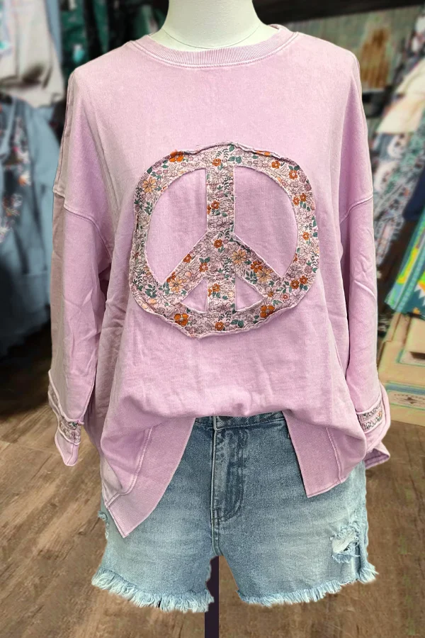 Casual Peace And Flowers Print Side Slit Sweatshirt