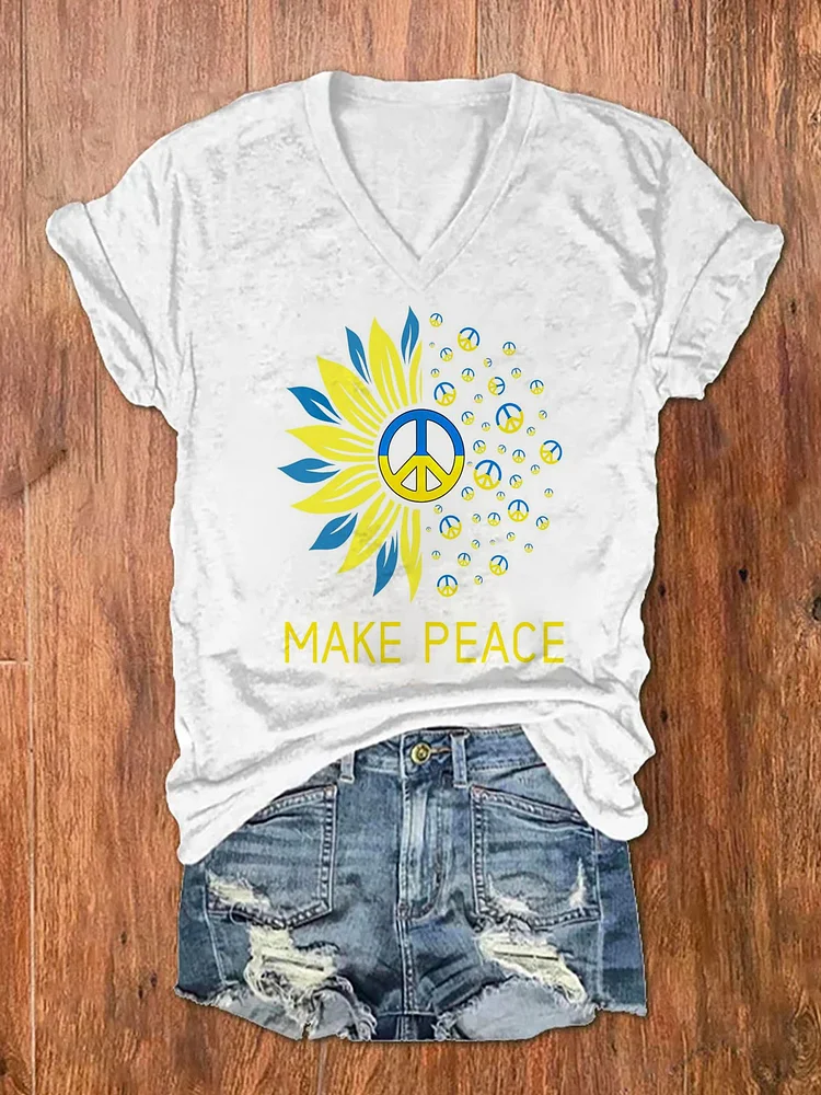 Women's V-neck Peace Print T-shirt socialshop