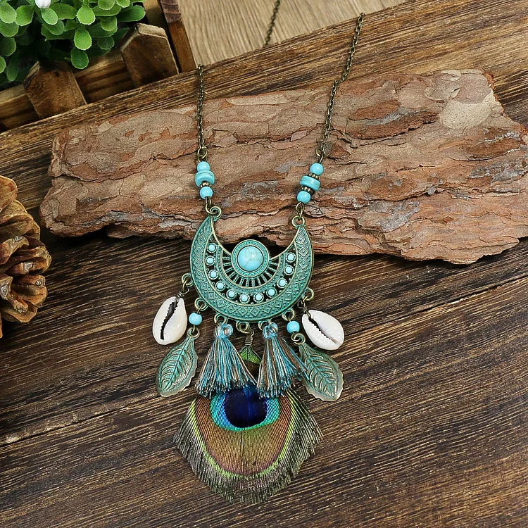 Vintage Boho Style Pendant Necklace Feather Tassel & Shell Pendant 1 Pc Personality Neck Jewelry Accessories