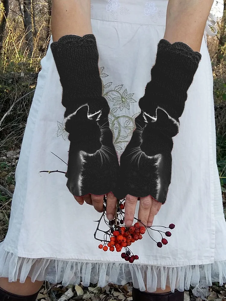 Casual cat print fingerless Cat gloves