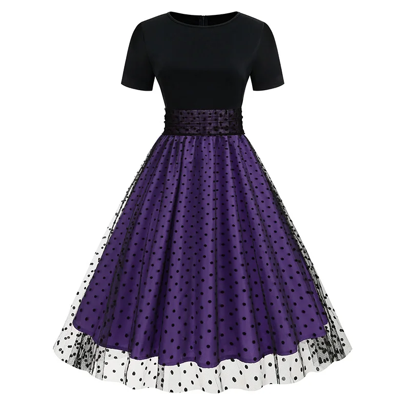 Round neck short sleeved polka dot patchwork vintage Hepburn dress